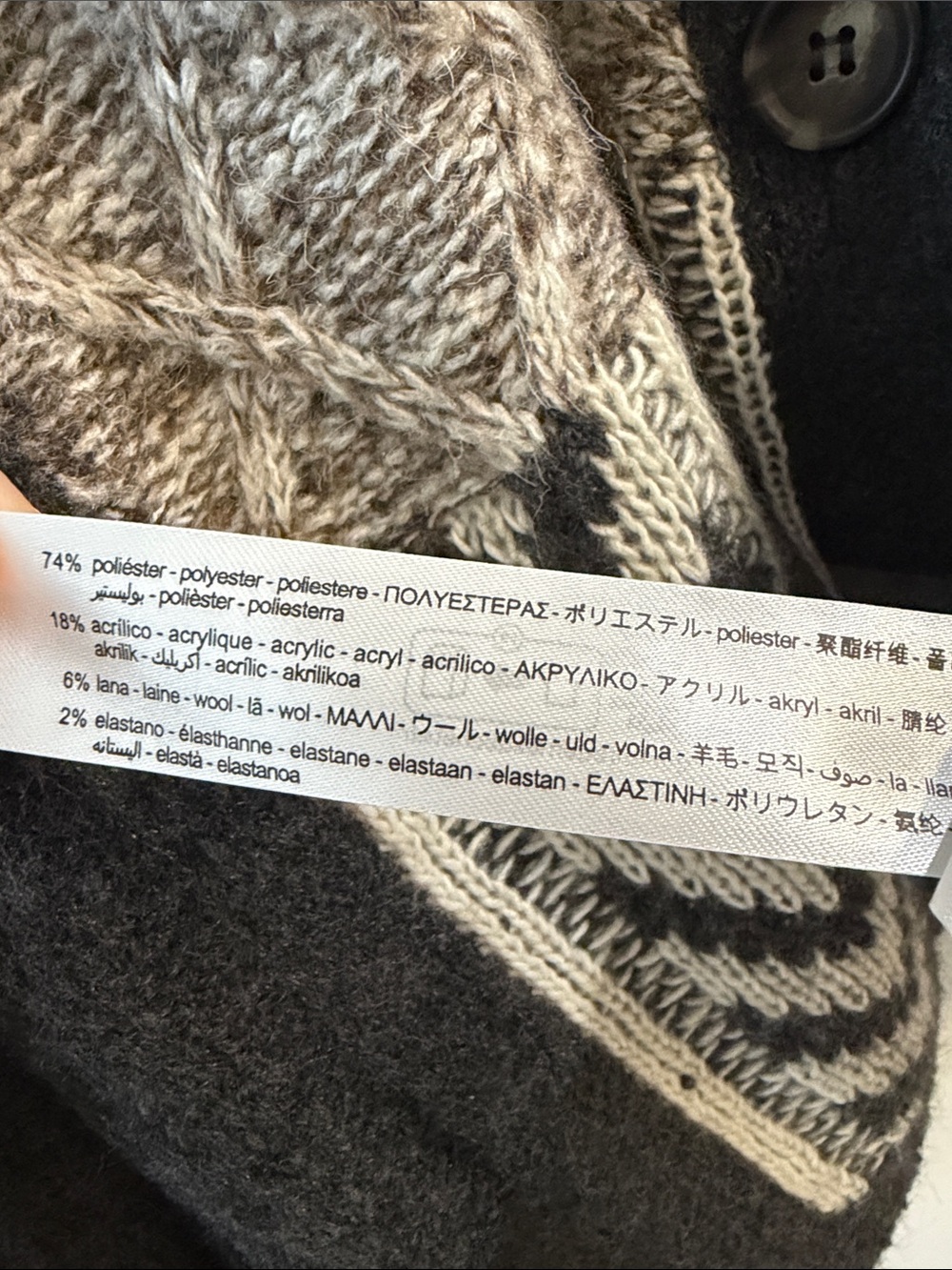 Zara Charcoal Patchwork Cable Knit Cardigan with Cream & Brown Panels - Picture 5 of 6